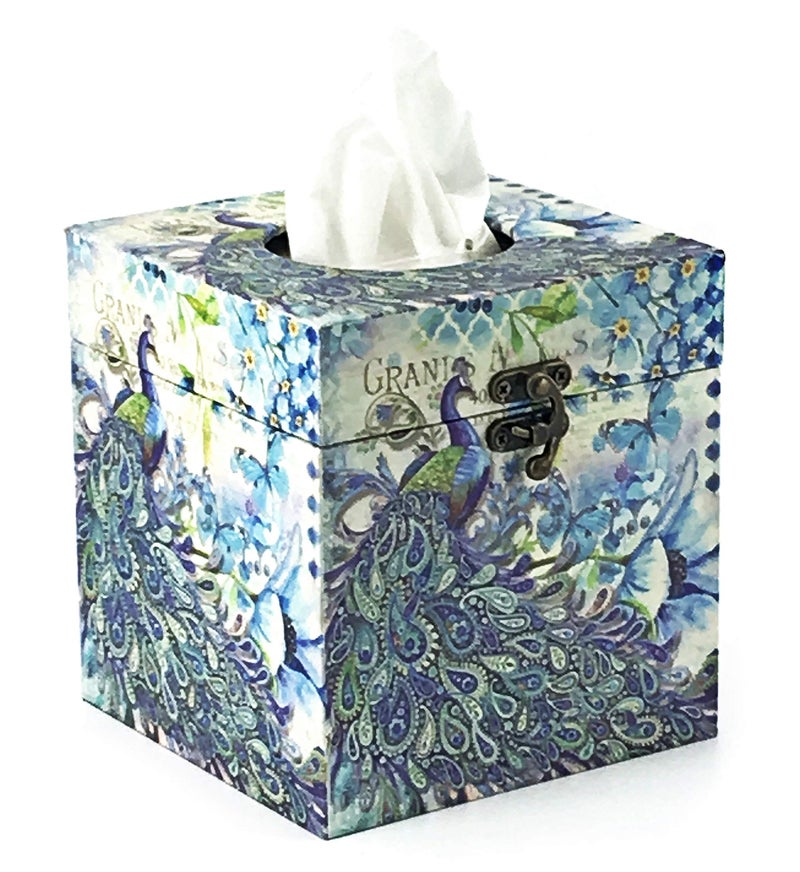 Bellaa 28304 Peacock Tissue Holder Paisley Decorative Vintage Design Square Hinged Refillable Box Cover - Image 1